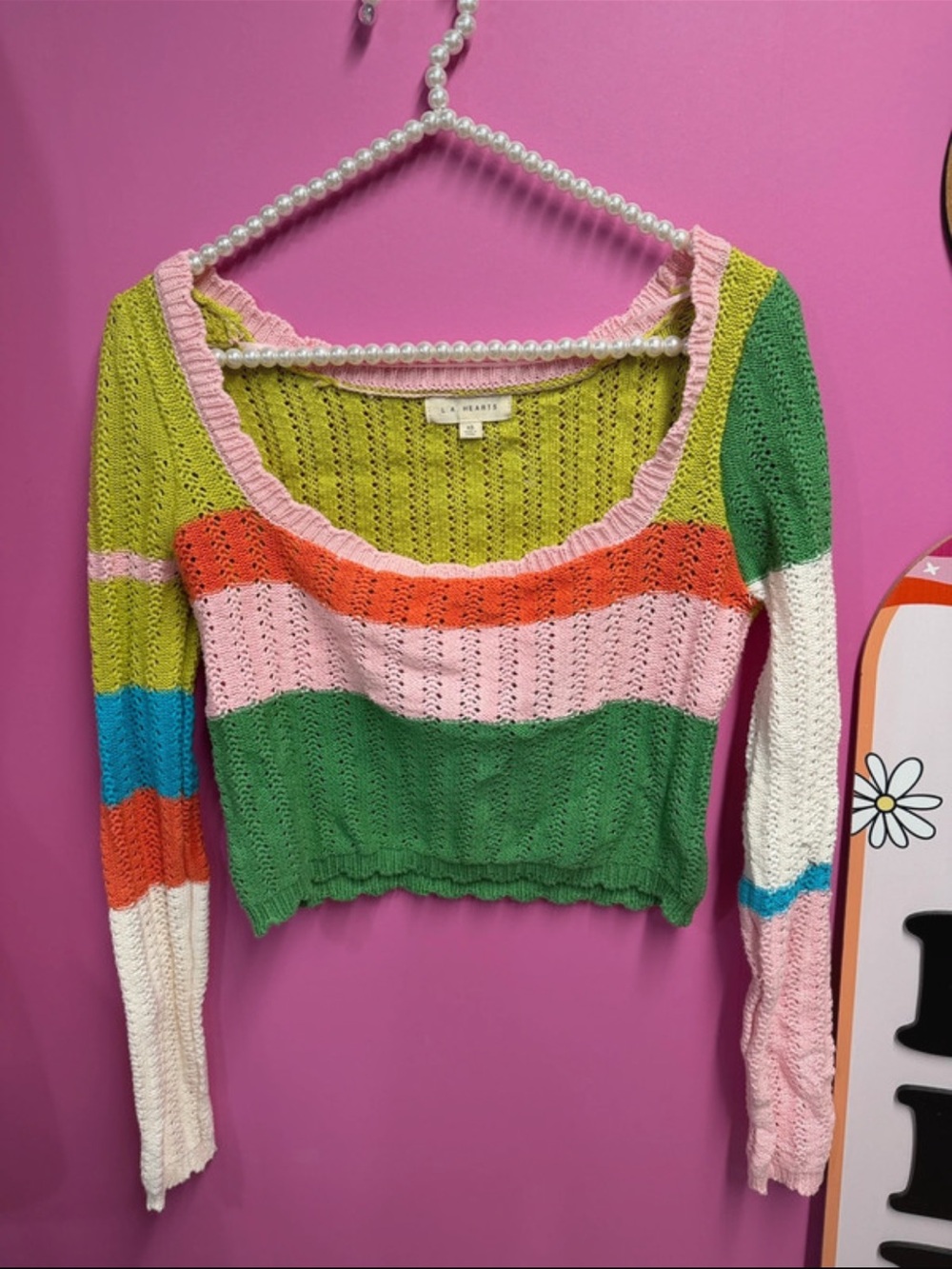 Pacsun La hearts Color block Scoop Neck Cropped Sweater - Pink & Green